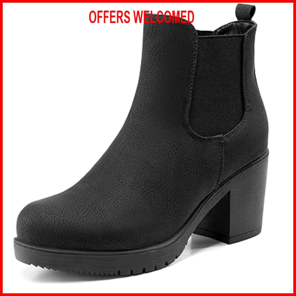 Women's High Chunky Heel Chelsea Ankle Boots Slip On Elastic Heeled Booties
